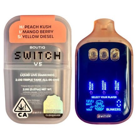 “PEACH KUSH” (H) × “MANGO BERRY” (I) × “YELLOW DIESEL” (S) — Boutiq V5 vape